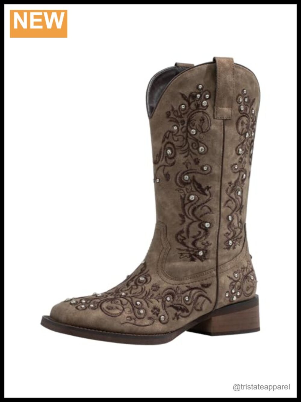 Rhinestone Embroidered Square Toe Cowgirl Boots Mid Calf Pull On Chunky Heel